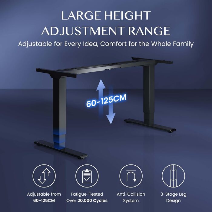 Каркас столу FLEXISPOT з регулюванням висоти, подвійний двигун та 3-рівневі ніжки, регулювання висоти 60-125 см, каркас столу зі світлодіодним дисплеєм висоти, 4 положення пам&39яті та захист від зіткнень (колір Nobel Black) EC5-Lite Black