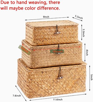 Кошики для зберігання морської трави, плетена коробка для зберігання з ротанга з кришкою та ручкою, прямокутний кошик з морської трави, полиця для зберігання одягу, косметики, книг, 3