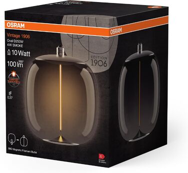 Декоративна LED-лампа Osram Vintage 1906 Big Oval, задимлене скло, ультратонкий магнітний філамент, цоколь E27, 4 Вт, затишне тепле біле світло (1800K), енергоощадна