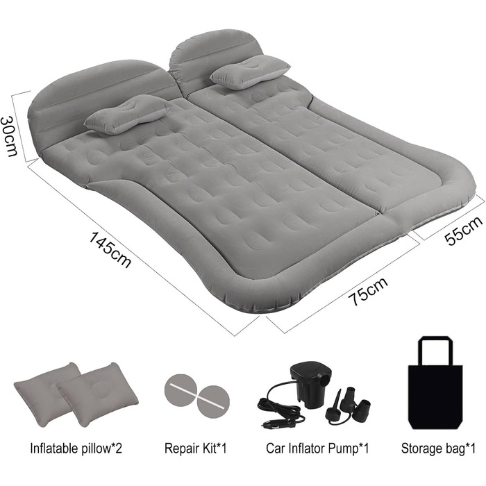 Надувний матрац Vinteky, надувний автомобільний матрац/ліжко з електричним повітряним насосом та 2 подушками, універсальний автомобільний матрац для багажника та позашляховика, для кемпінгу/подорожей/відпочинку на природі, 175 см x 130 см, сірий