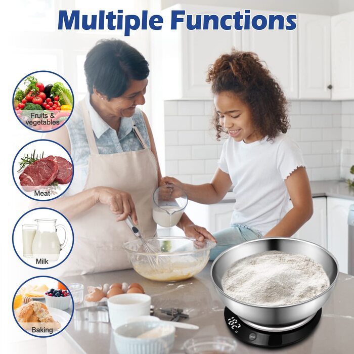 Цифрові кухонні ваги, USB зарядка з нержавіючої сталі зі знімною чашею на 1,4 л, кабель для зарядки, 1г-5кг/11фунтів, функція тари