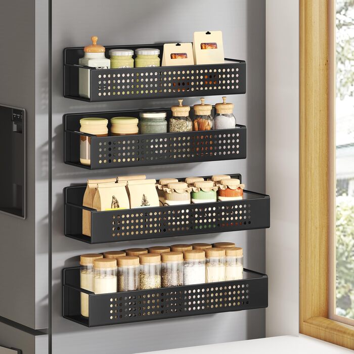 Магнітна полиця для спецій SONGMICS, набір з 4 шт. , 2 великі та 2 малі полиці, органайзер для спецій без свердління, магнітна полиця, для кухні, холодильника, мікрохвильової печі, пральної машини, чорний колір KCS061B01, легована сталь чорного кольору