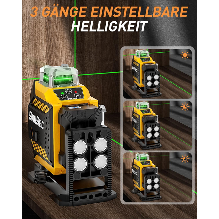 Поперечний лазерний, лазерний рівень SAVSEC 3x360 з регульованою яскравістю, зелений самовирівнюючий рівень, акумуляторна літієва батарея з входом USB-C (703CG-S)