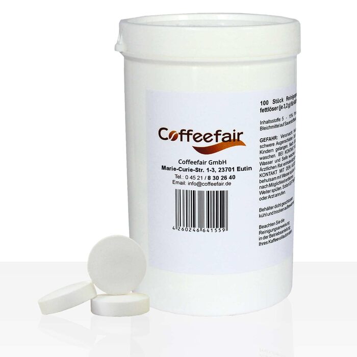 Таблетки для очищення кавомашини Coffeefair, 100 шт. x 3,2г, універсальні, інтенсивні та безпечні для матеріалів, сумісні з Jura, Saeco, Melitta, WMF, Bosch, Siemens, Delonghi, Miele