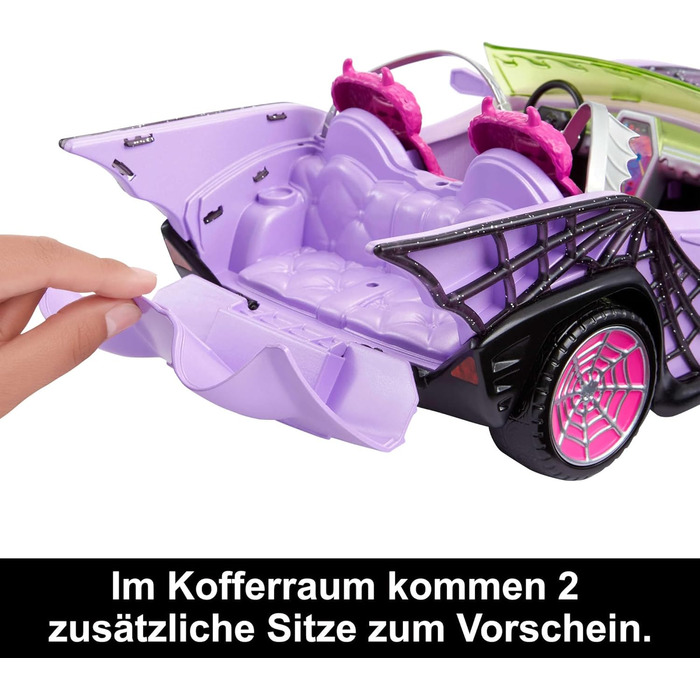Фіолетовий кабріолет з переливчастою павутиною, плюшевим інтер&39єром та холодильником у формі труни, місце для 4 ляльок, ляльки не входять до комплекту, машинка HHK63