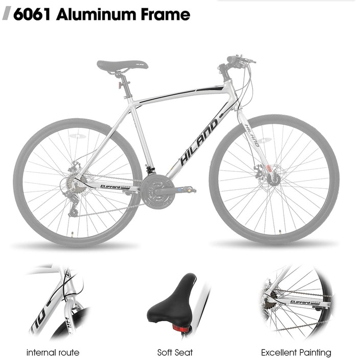Шосейний велосипед Hiland 28 дюймів, 21 передача, міський велосипед для чоловіків з дисковими гальмами, рама 530 мм, зручний шосейний велосипед, колеса 700C, чорний/червоний/срібний, розмір L