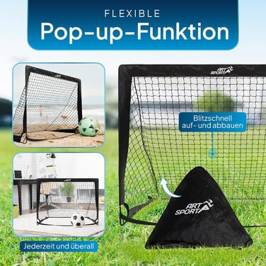 Футбольні ворота ArtSport Pop-up Goal Master - Набір з 2 шт. з аксесуарами - Складні та швидко встановлюються - 2 футбольні ворота для використання в приміщенні та в саду - Дитячі футбольні ворота, Чорні