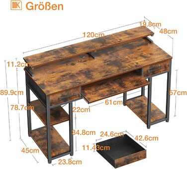 Стіл ODK, комп'ютерний стіл з висувними ящиками, 120x48x90см, дерев'яний стіл зі знімною полицею, офісний стіл з лотком для клавіа