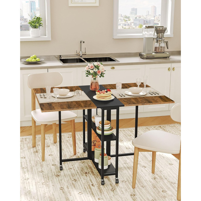Розкладний обідній стіл, кухонний стіл, мобільний стіл, розкладний стіл з 6 коліщатками, що блокуються, та 2 полицями, для кухні, вітальні, квартири, сільський коричневий та чорний DTCZ01BF Рустикальний коричневий, чорний
