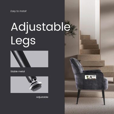 Крісло IWMH для вітальні/спальні, крісло-коктейль Lazy Lounge, зручне з підлокітниками та бічною кишенею, сучасне оксамитове поворотне крісло для читання з металевими ніжками (сіре)