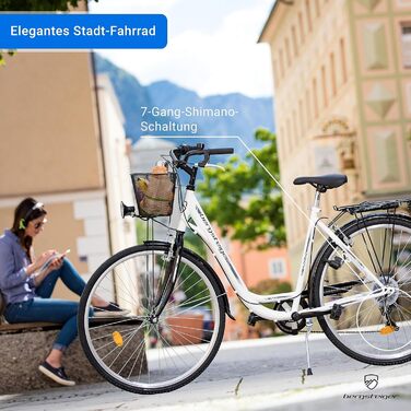 Жіночий велосипед Bergsteiger Florenz 28 дюймів з кошиком, ліхтарями та передачами, підходить для зросту від 160 см, жіночий велосипед із 7-швидкісними передачами, ретро жіночий велосипед, чорний