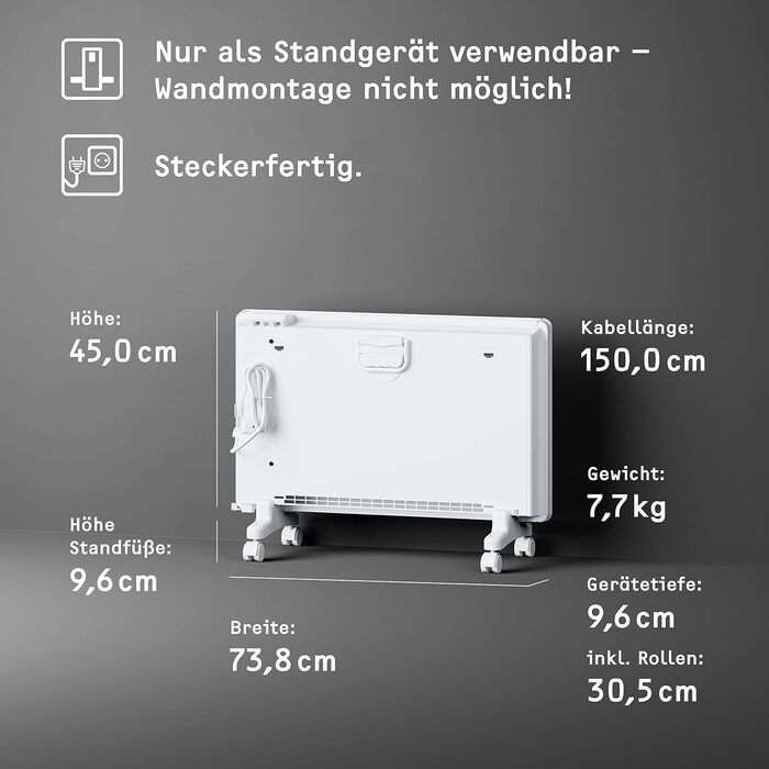 Електричний конвектор STIEBEL ELTRON для приміщень до 25 м, 2 кВт, з електронним керуванням, LC-дисплеєм та роликами, сертифікований TV, енергоощадний (204451)