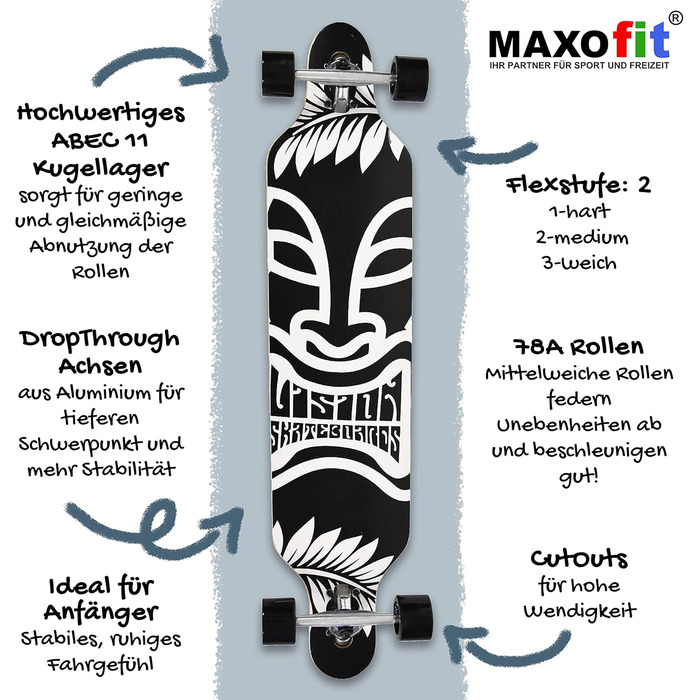 Лонгборд MAXOfit Mystic Deluxe 99 см клен + бамбук високоякісна дека ABEC-9 78A колеса різні дизайни для початківців та профі drop-through freeride cruiser повний компліт оригінал Німеччина 2025