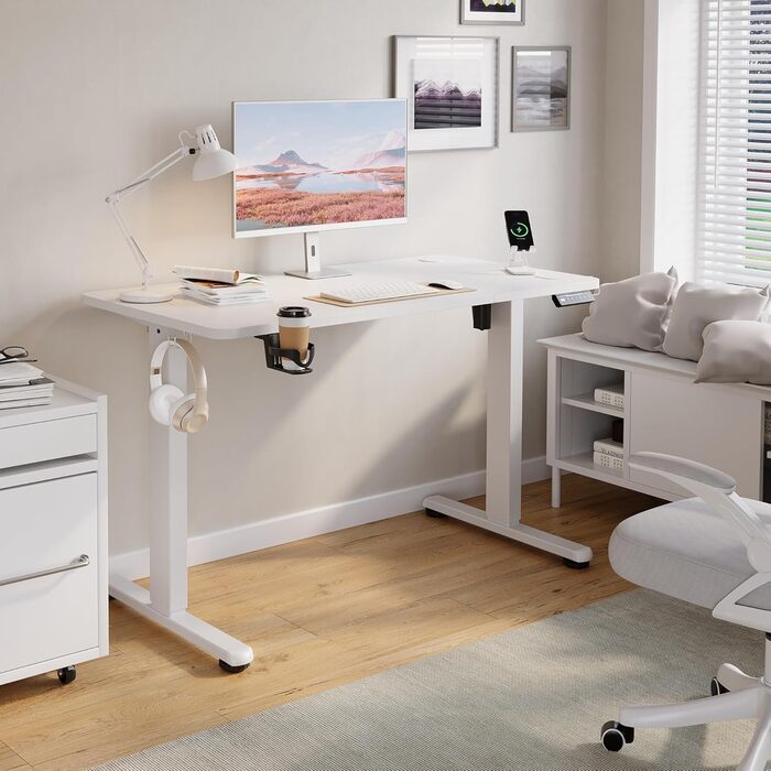 Стіл з регульованою висотою та портом зарядки USB-C, 120 x 60 см, функція пам&39яті. Міцний стіл з електричним регулюванням висоти, стіл для роботи сидячи та стоячи, регульований комп&39ютерний стіл, білий, 120 x 60 см.