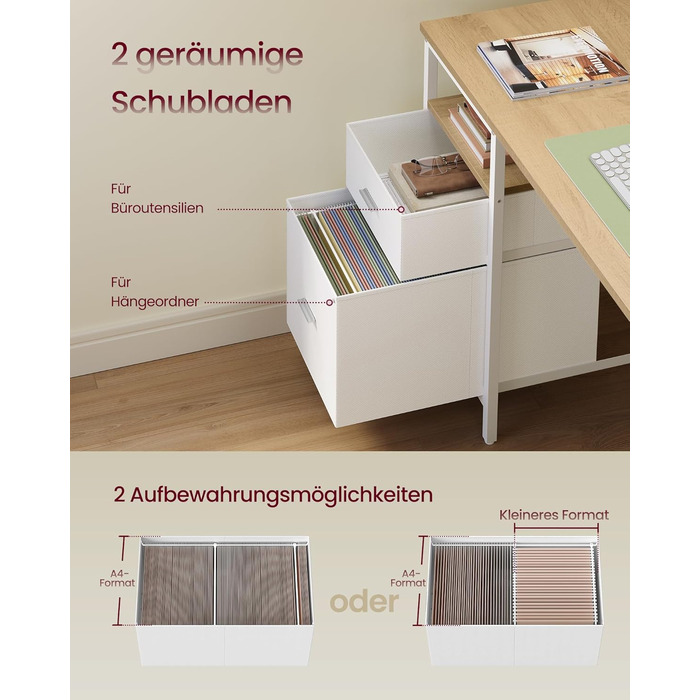 Комп&39ютерний стіл, офісний стіл, письмовий стіл, з 3 полицями, 2 шухлядами, 160 x 60 x 76 см, для офісу, вітальні, сучасний стиль, натуральний дуб-хмарно-білий LWD105YD01 160 x 60 см Натуральний дуб перлинно-білий