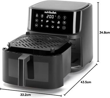 Аерофритюрниця nutribullet Crisplite Vision, 8 л, цифрове керування 80-200, без PFAS, 8 авторежимів, сенсорна панель, кошик придатний для ПММ, 2000 Вт, матовий чорний (NBA0811DG)