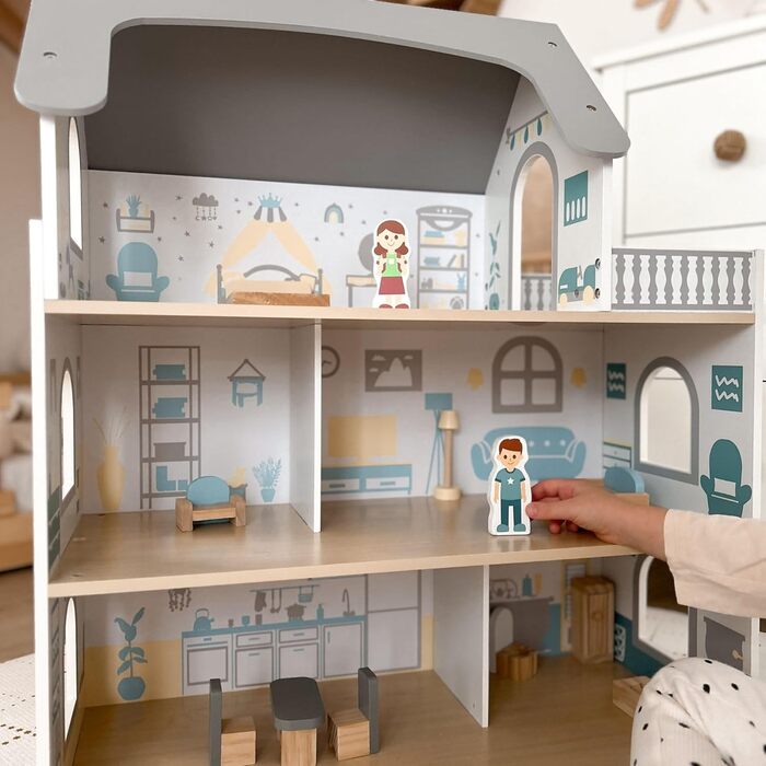 Дерев&39яний ляльковий будиночок Mamabrum, 3-поверховий, з меблями та аксесуарами - Перевірений на безпеку дитячий ігровий будиночок для рольових ігор - Ляльковий будиночок зі спальнею, вітальнею, кухнею та ванною кімнатою, сучасний мінімалістичний