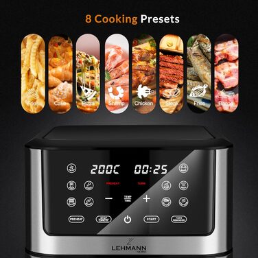 Фритюрниця Lehmann LHODF-1880 8 л XXL, фритюрниця 1800 Вт з 10 програмами, фритюрниця без олії до 200C, фритюрниця з таймером, сенсорним екраном і функцією зневоднення