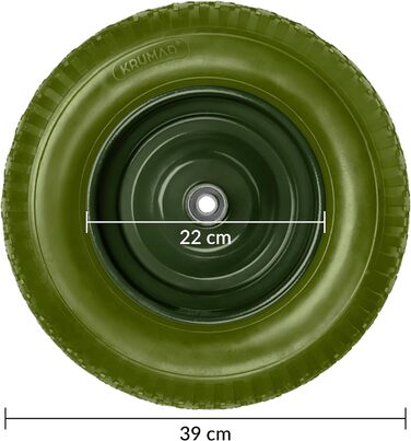 Колесо для тачки KRUMAD PU-піна 4.80/4.00-8, до 180 кг, з віссю, не проколюється, не потребує обслуговування, сталевий диск, подвійний кульковий підшипник, запасне колесо для тачок та візків, захист від проколів, темно-зелений