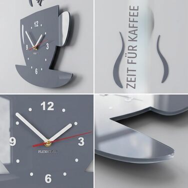 Настінний годинник FLEXISTYLE Time for Coffee для сучасної кухні, сірий, 3D римські цифри, декор для стін, 32 x 19 см