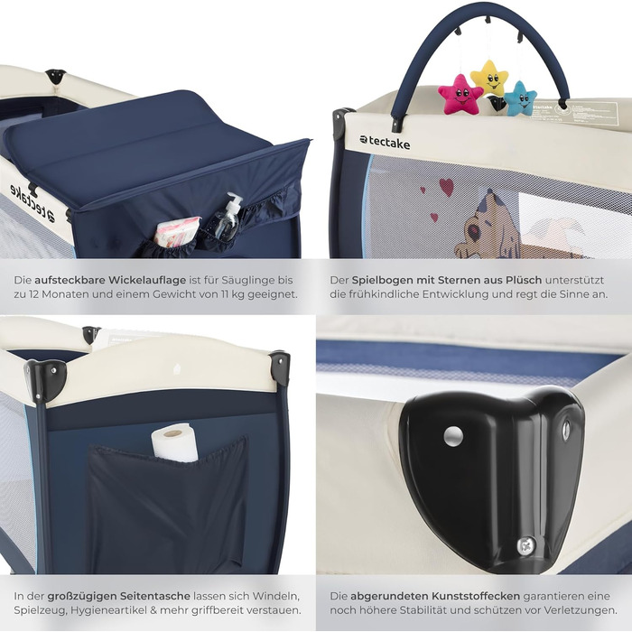 Дитяче ліжечко tectake Baby Travel Cot, дитяче ліжечко, регульоване по висоті ліжечко з матрацом та сумкою для перенесення, дитяче ліжко, дорожнє ліжечко, портативне приліжкове ліжечко для немовлят - 132 x 75 x 104 см - темно-синій, синій, з малюком собак