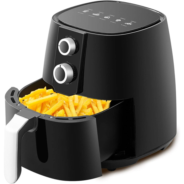 Аерофритюрниця OFCASA XL 3.8 л 1450 Вт, фритюрниця з гарячим повітрям, таймер на 30 хвилин і контроль температури 80-200C, фритюрниця без олії з подвійною ручкою Contro, кошик з антипригарним покриттям, безмасляна фритюрниця для чіпсів, чорна подвійна кно