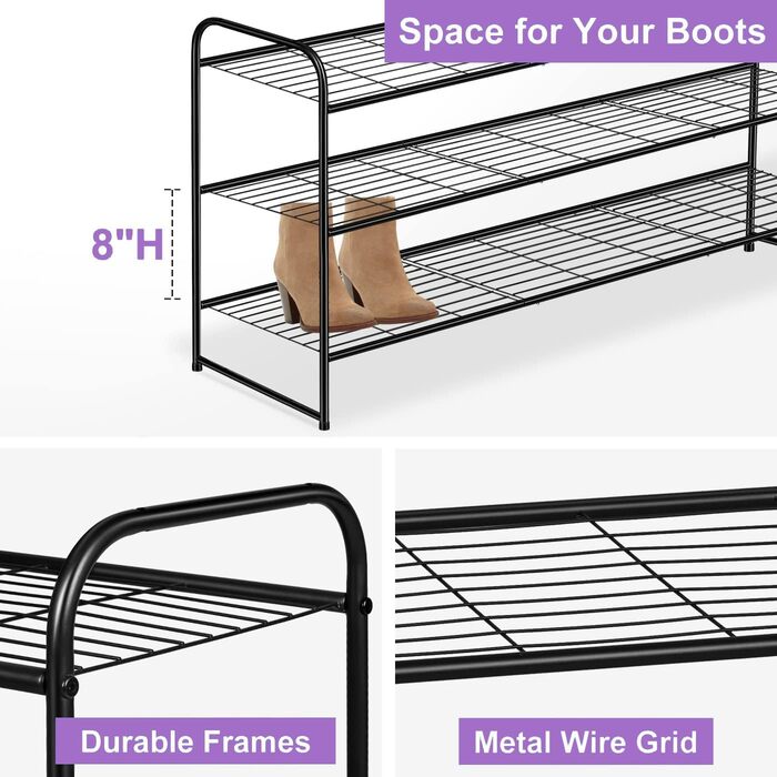 Довга взуттєва полиця з 3 ярусами, вміщує 24 пари, міцна чорна взуттєва полиця для чоловіків та жінок, з дротяною сіткою, металева взуттєва полиця, полиця для шафи, передпокою, спальні, 3 полиці, чорна