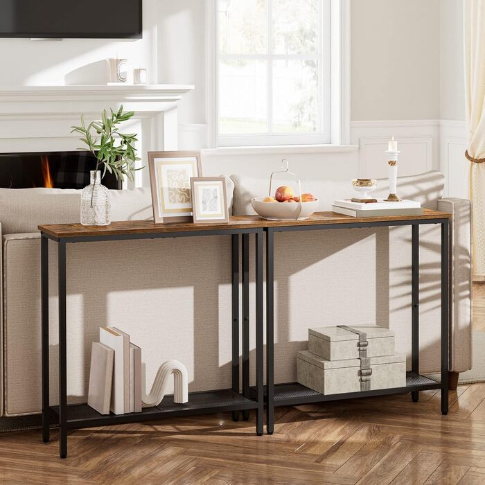 Вузький консольний столик HOOBRO з полицями, 75 x 24 x 75 см, бічний столик, столик для передпокою, вітринний столик, диван-столик, для входу, передпокою, вінтажний коричнево-чорний EBF74XG01 Вінтажний коричневий чорний