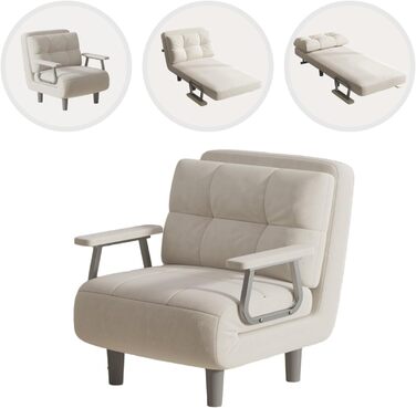 Крісло-розкладний диван-ліжко 1-місний Високий комфорт, розбирається з подушками, металевими підлокітниками та ніжками (білий)