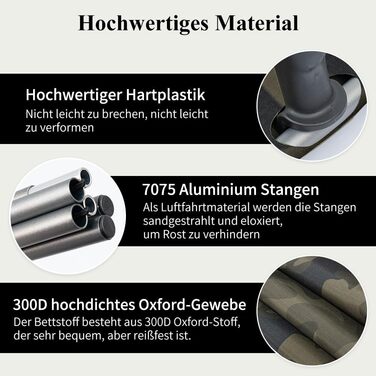 Надлегке розкладне похідне ліжко 190x70 см з алюмінію, компактне туристичне ліжко, легке в установці, міцне туристичне ліжко для наметів, походів на свіжому повітрі, подорожей, пляжу - камуфляжно-зелене