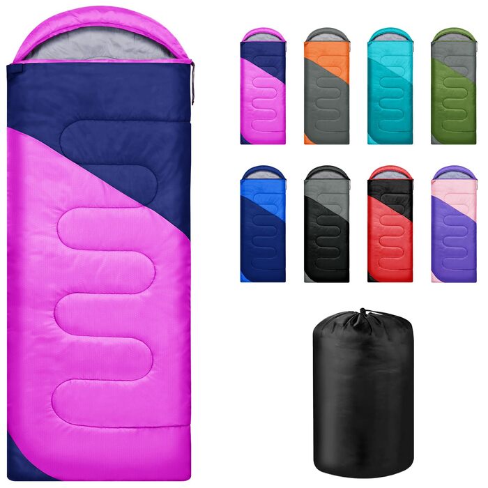 Легкий та компактний спальний мішок для дорослих та дітей, 3-4 сезони, легкий та компактний спальний мішок для походів, прямокутний кемпінговий спальний мішок з кишенею, рожево-червоний темно-синій