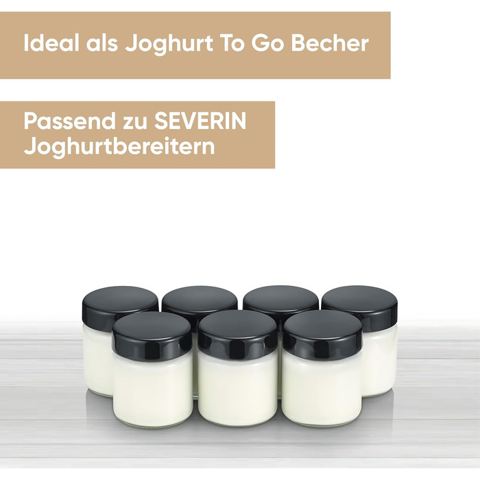 Змінні баночки для йогуртниць, баночки для йогуртів з кришками (7 x 150 мл), підходять для йогуртових машин SEVERIN JG 3516 / JG 3518 / JG3519 / JG 3520 / JG 3521 і JG 3525, чорні, EG 3514