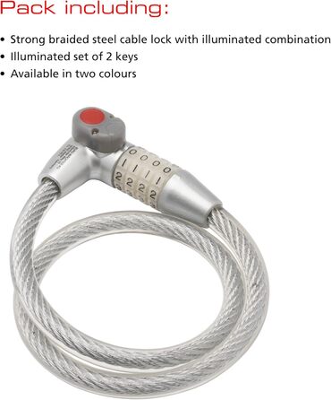 Велозамок Burg-Wchter спіральний з кодовим замком та підсвічуванням, модель 230 180 L з тримачем, захист від крадіжки, довжина 180 см, діаметр 12 мм, асортимент кольорів, довжина тримача 65 см