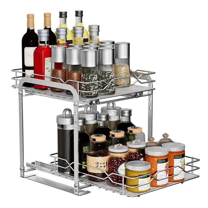 Розсувна підставка для спецій, органайзер для спецій з нержавіючої сталі, 2-рівневий кухонний органайзер з регульованою висотою, система підставок для спецій для кухонних шаф, стояча підставка для спецій для внутрішньої частини шаф, 26,4 см x 23,4 см x 23
