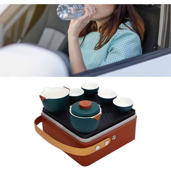 Набір для чаювання в стилі гунфу, преміальна кераміка, портативне зберігання, дорожній набір для чаю. Темно-зелений керамічний чайник з чашками та скринькою для чаю для подорожей, дому та офісу