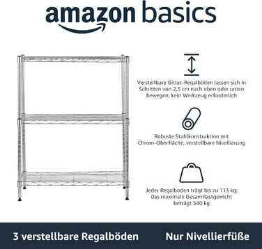 Вузька шафа для зберігання Storeo Basics з 3 полицями, регульованими по висоті полицями та ніжками, максимальна вага 340 кг, хромована, 34 см Г x 58,9 см Ш x 76,2 см В, хромована, 23,3 Д x 13,4 Ш x 30 В, без коліс