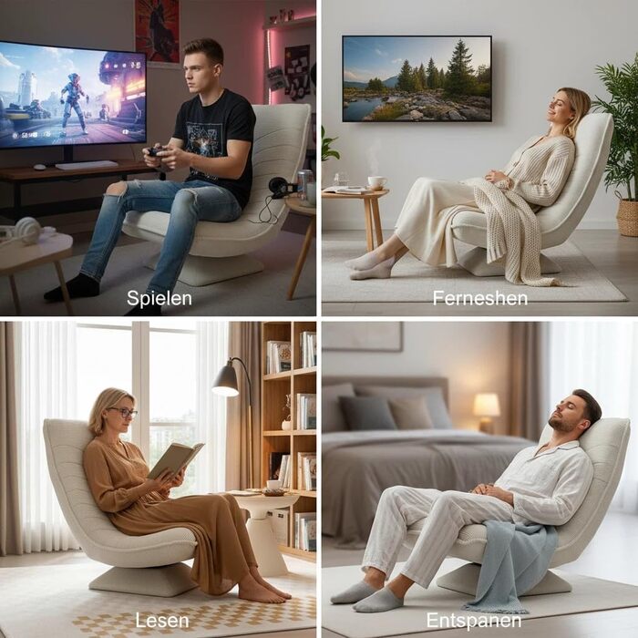 Крісло для вітальні з регульованою спинкою, поворот на 360, зручне вельветове підлогове крісло, не потребує складання, розкладний ігровий підлоговий диван, вантажопідйомність 150 кг, крісло-реклайнер, крісло для читання, бежевий