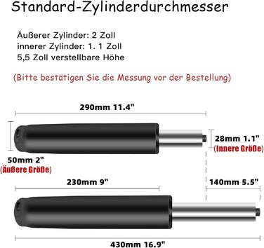 Газова пружина, газова пружина для офісних крісел 1000 фунтів (450 кг) Газова пружина для обертових крісел, підходить для офісних крісел та стільців, регульована висота газової пружини 290 мм-430 мм для офісних крісел, висока вантажопідйомність (чорна)