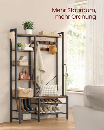 Вішалка для пальто VASAGLE з лавкою для взуття, шафа, 5 полиць з ДСП, 9 потрійних гачків, 6 бічних гачків, 40 x 120 x 190 см, вінтажний коричневий-чорний HSR426B01 Вінтажний коричневий чорнильний