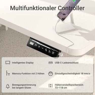 Стіл з регульованою висотою та портом зарядки USB-C, 120 x 60 см, функція пам&39яті. Міцний стіл з електричним регулюванням висоти, стіл для роботи сидячи та стоячи, регульований комп&39ютерний стіл, білий, 120 x 60 см.