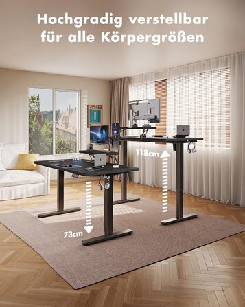 Стіл Airfish з регульованою висотою 120 x 60 см зі світлодіодним освітленням, електрично регульований по висоті стіл зі знімним кріпленням для монітора, регульований стіл для домашнього офісу та ігор, чорний 120 x 60 см