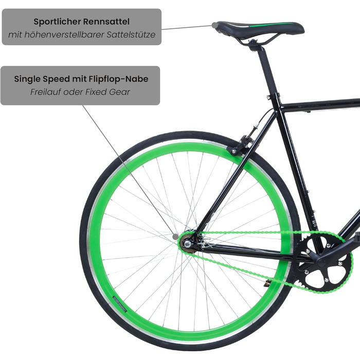 Велосипед Galano Blade Fixie для чоловіків та жінок, зріст 165-195 см, ретро-велосипед з однією швидкістю, 28-дюймові колеса, різні розміри, міські велосипеди з фліп-флоп втулкою, шосейний велосипед, міський велосипед, чорний/зелений, рама 53 см