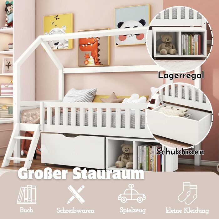 Дитяче ліжко 90x200 см із захистом від падіння, дитяче ліжко-будиночок з шухлядами та відділеннями для зберігання, міцне дерев&39яне ліжко-будиночок на дереві з рейковою основою, ігрове ліжко-будиночок з соснової деревини для хлопчиків та дівчаток, біле з