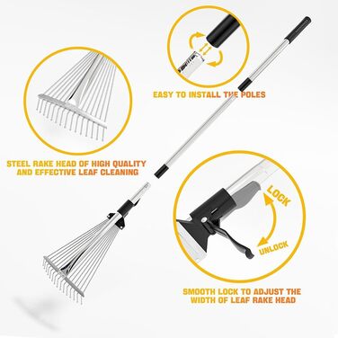 Регульований віяловий граблі з ручкою 215 см, металеві граблі для листя з рукавичками, садовий віяловий граблі для прибирання листя, рослин, газонів та подвір'я, сріблястий колір
