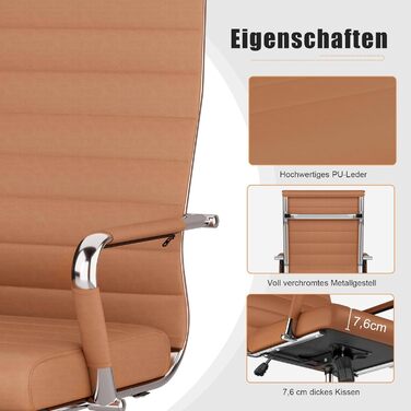 Офісний стілець UEV, вантажопідйомність 150 кг, з функцією гойдання, ергономічний робочий стілець з підлокітниками, обертовий стілець, S-подібна поперекова опора, м&39яке сидіння, регульована висота, виготовлений зі штучної шкіри, коричнева срібна основа