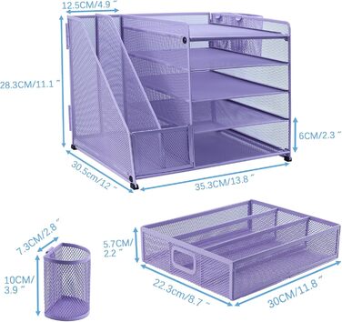 Органайзер для столу, тримач для файлів з 2 тримачами для ручок, 5 рівнів, лоток для паперів та листів з шухлядою, сітчастий настільний органайзер з тримачем для журналів та канцелярського приладдя, фіолетовий/фіолетовий, 5 рівнів
