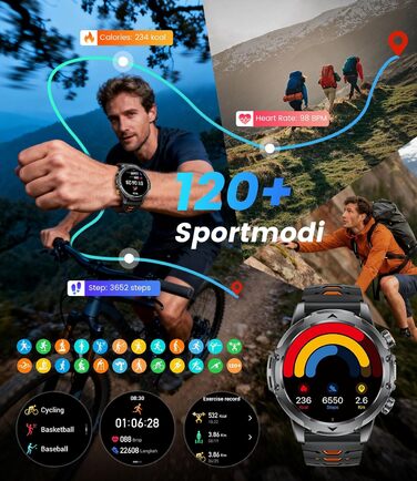 Розумний годинник FITFLEX для чоловіків з акумулятором 1000 мАг, 1,53-дюймовий HD AMOLED військовий розумний годинник, світлодіодний ліхтарик, функція телефону, фітнес-годинник з понад 120 спортивними режимами, монітором серцевого ритму, монітором сну, Sp