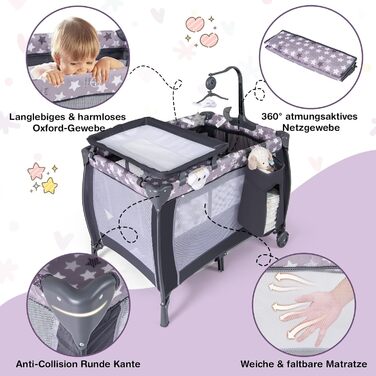 Складана приліжкова ліжечка COSTWAY 3 в 1, дорожнє ліжечко з матрацом, підвісні іграшки, музичний мобіль, пеленальний столик та сумка для перенесення, 2-рівневе дитяче ліжечко з колесами для дітей до 36 місяців (темно-сірий)