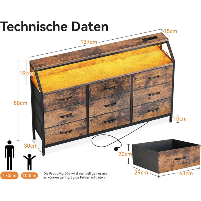 Комод ODK, комод з 2 розетками, 2 USB-портами та світлодіодною стрічкою, що змінює колір, з 9 тканинними шухлядами, підходить для спальні, вітальні, вінтажний колір