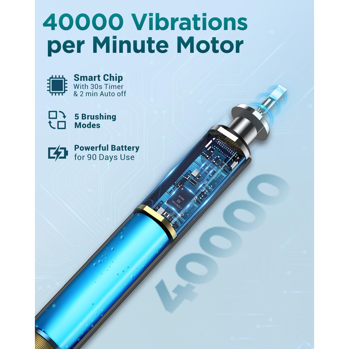 Електрична звукова зубна щітка для дорослих з 8 насадками, дорожнім кейсом, 5 режимами, водонепроникністю IPX7 та 90 днями роботи від акумулятора, чорного кольору, (в упаковці)